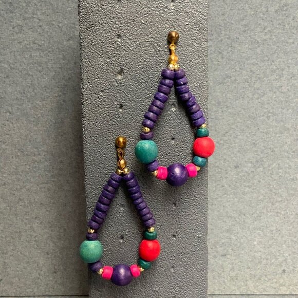 Teardrop Dangle Pierced Earrings 2.5 In Multicolor Beaded Hoop Purple Blue Red - Picture 1 of 5
